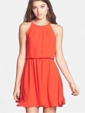 Lush High-Neck Pleated Chiffon Mini Dress